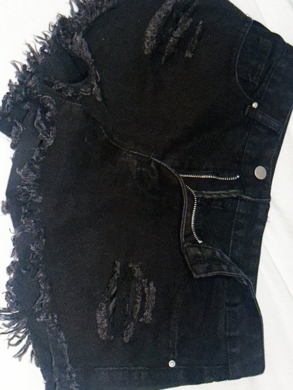 Women’s Black Denim Shorts Size L Distressed Ripped Frayed Cutoff Raw Hem